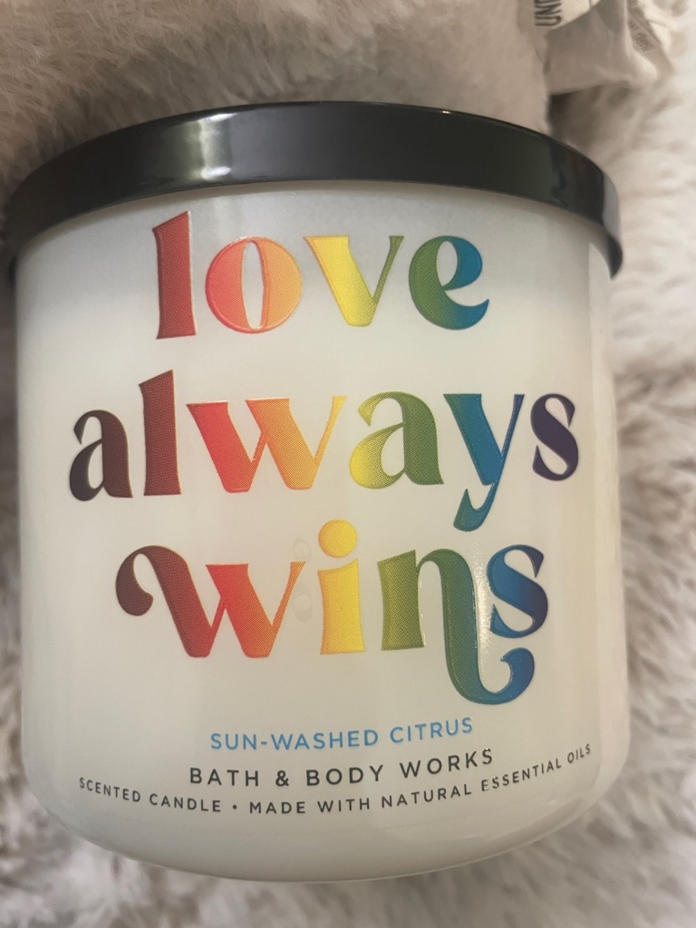 Bath & Body Works White Candle with Rainbow "Love Always Wins" Lettering